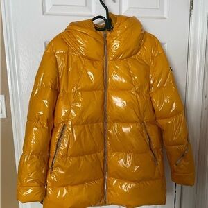 DKNY Glossy Mustard Yellow Women's Puffer Coat with Hood